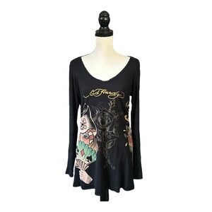 VTG Y2K Ed Hardy Black Long Sleeve Tattoo Graphic Shirt / Mini Dress Goth Medium